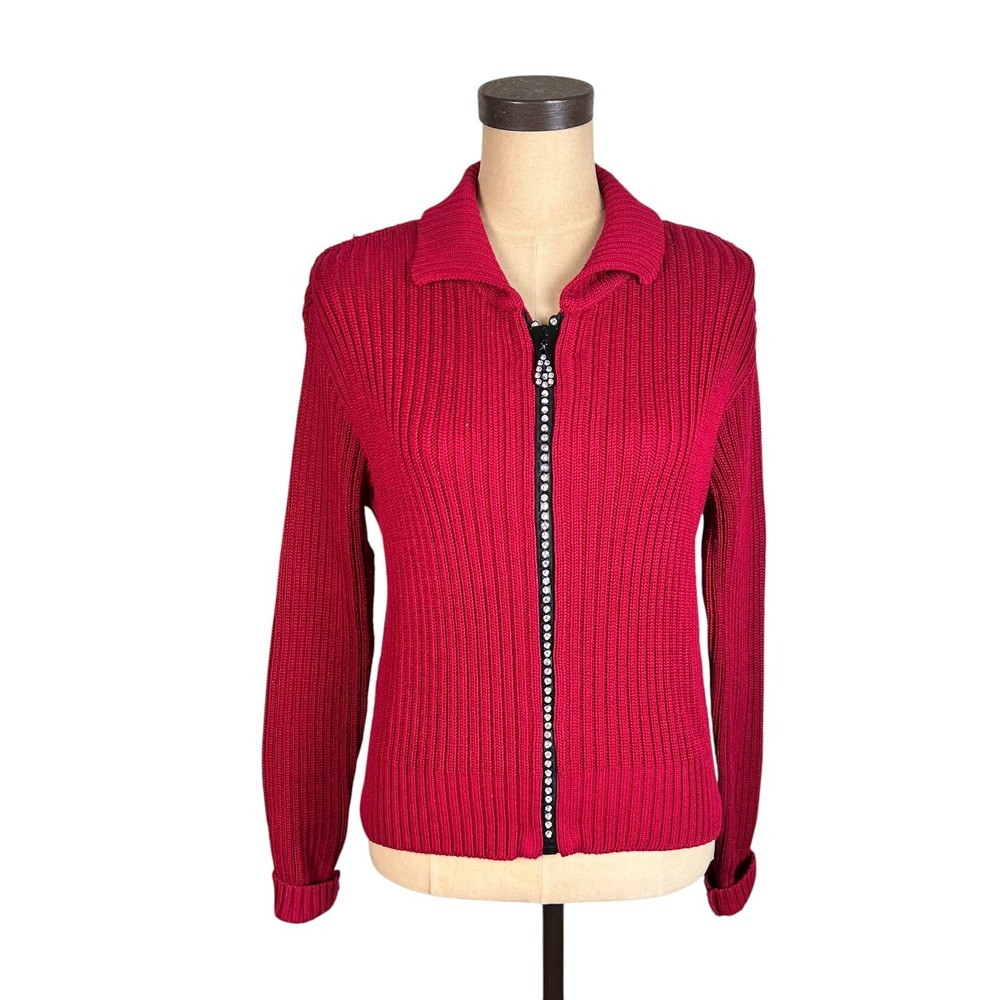 Vintage 90s Red Ribbed Cotton Zip Up Rhinestone Cardigan Sweater M Von Saken